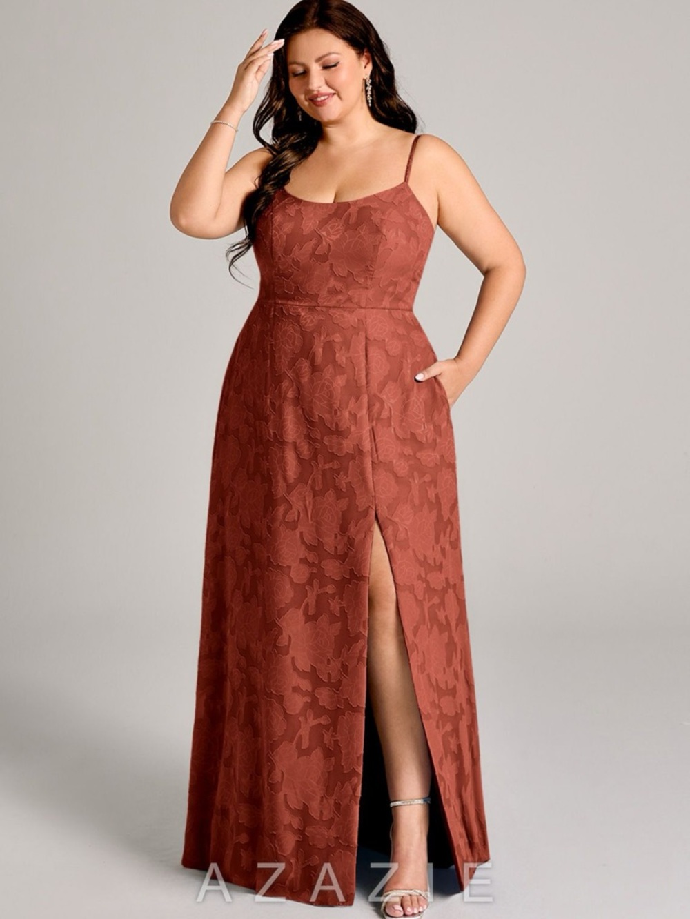NEW Size 20 Azazie Moira Terracotta A-Line Side Slit Floral Burnout Dress